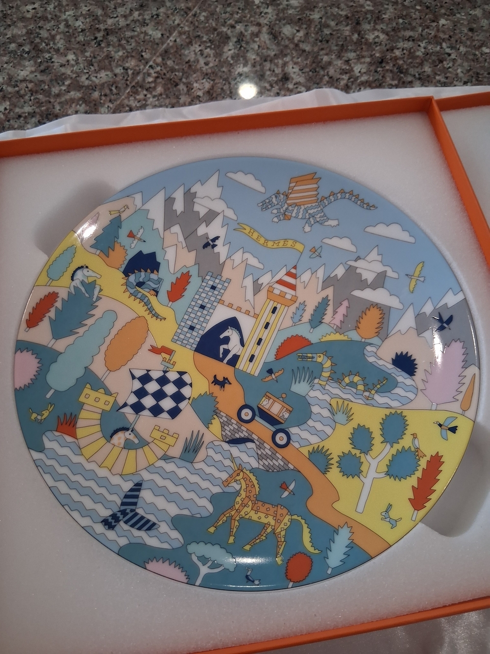 HERMES Blue Multicolor Decorative Porcelain DESSERT Plate.